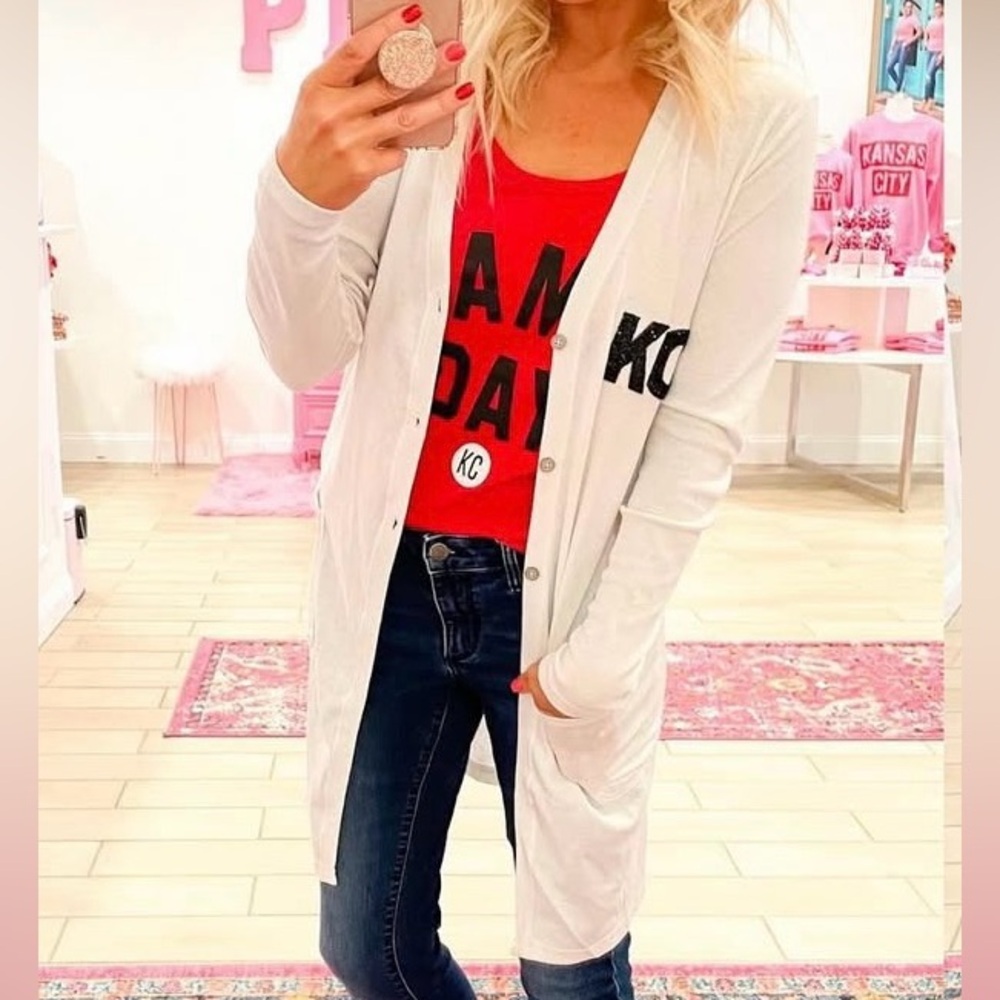 White KC Long Cardigan Size Large NWT